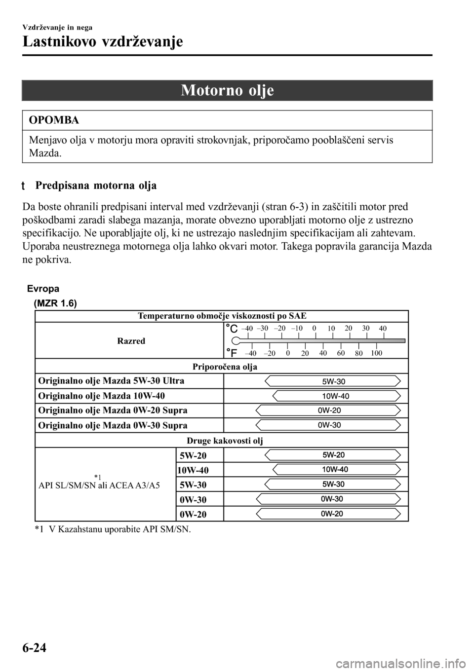 MAZDA MODEL 3 HATCHBACK 2016  Priročnik za lastnika (in Slovenian) Motorno olje
OPOMBA
Menjavo olja v motorju mora opraviti strokovnjak, priporočamo pooblaščeni servis
Mazda.
tPredpisana motorna olja
Da boste ohranili predpisani interval med vzdrževanji (stran 6-