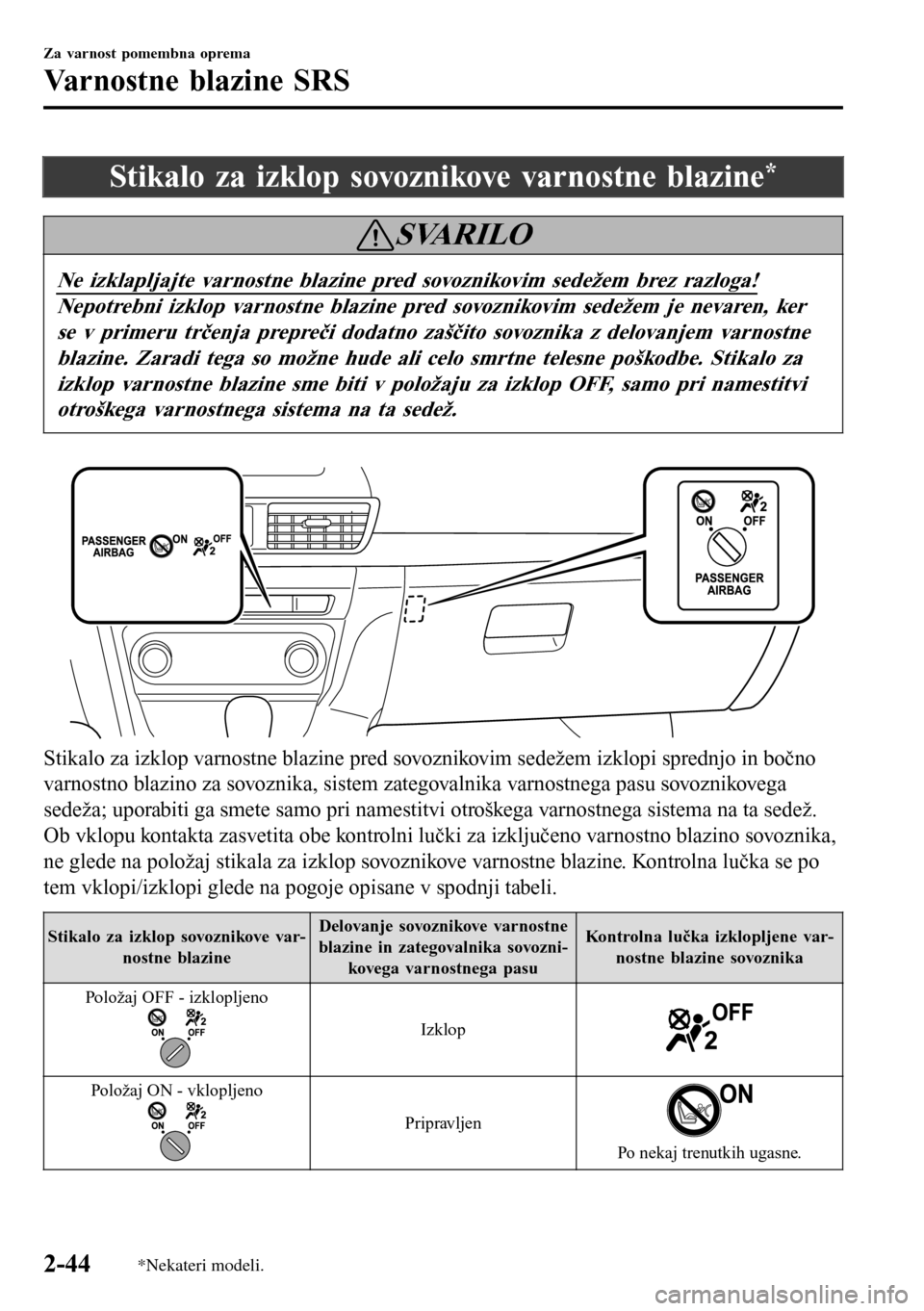MAZDA MODEL 3 HATCHBACK 2016 Priročnik za lastnika (in Slovenian) Stikalo za izklop sovoznikove varnostne blazine*
SVARILO
Ne izklapljajte varnostne blazine pred sovoznikovim sedežem brez razloga!
Nepotrebni izklop varnostne blazine pred sovoznikovim sedežem je ne MAZDA MODEL 3 HATCHBACK 2016 Priročnik za lastnika (in Slovenian) Stikalo za izklop sovoznikove varnostne blazine*
SVARILO
Ne izklapljajte varnostne blazine pred sovoznikovim sedežem brez razloga!
Nepotrebni izklop varnostne blazine pred sovoznikovim sedežem je ne