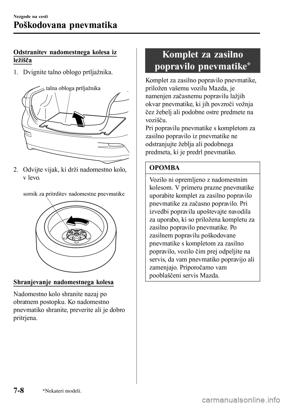 MAZDA MODEL 3 HATCHBACK 2016  Priročnik za lastnika (in Slovenian) Odstranitev nadomestnega kolesa iz
ležišča
1. Dvignite talno oblogo prtljažnika.
 
talna obloga prtljažnika
2. Odvijte vijak, ki drži nadomestno kolo,
v levo.
 
sornik za pritrditev nadomestne p