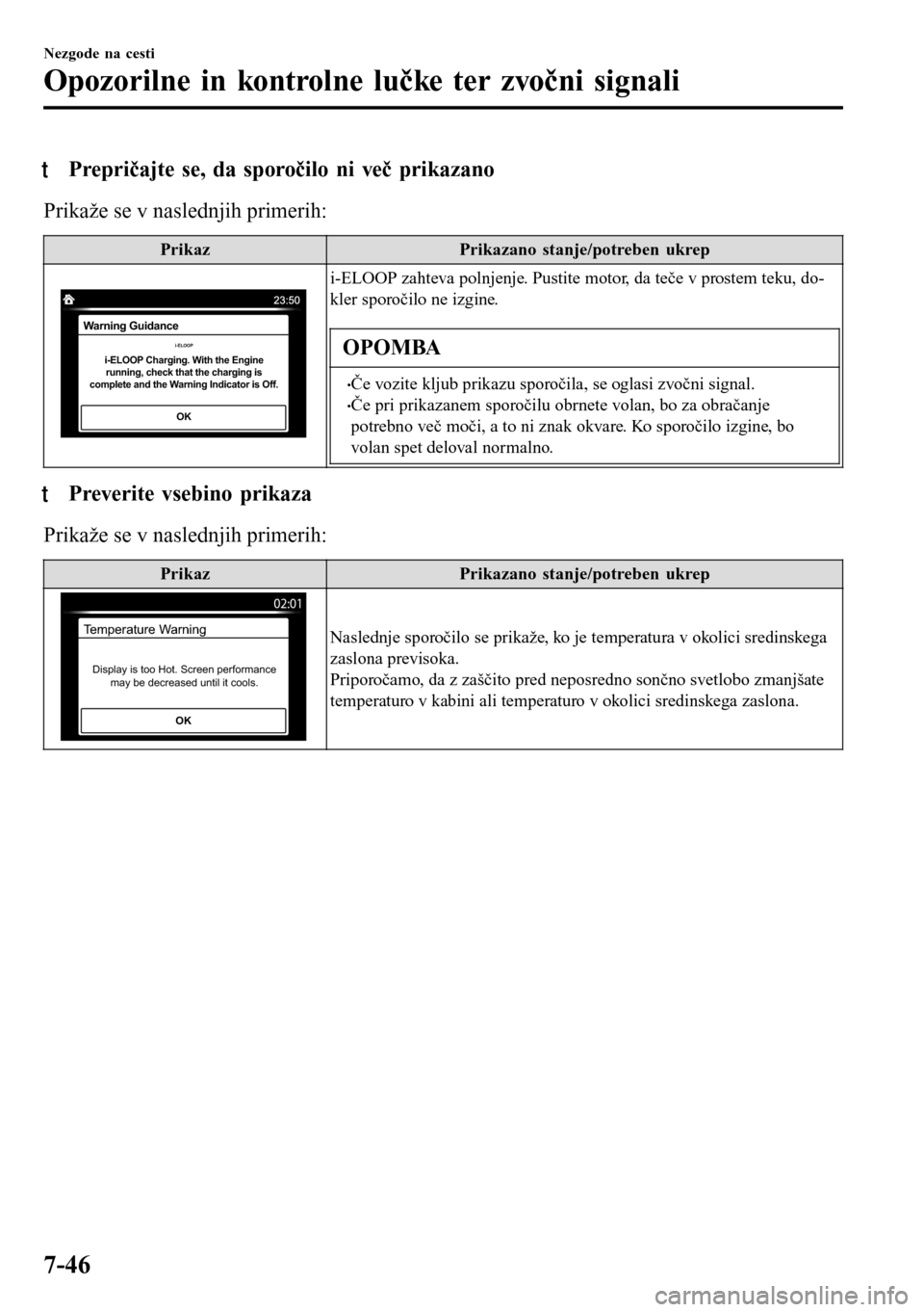 MAZDA MODEL 3 HATCHBACK 2016  Priročnik za lastnika (in Slovenian) tPrepričajte se, da sporočilo ni več prikazano
Prikaže se v naslednjih primerih:
Prikaz Prikazano stanje/potreben ukrep
Warning Guidance
i-ELOOP Charging. With the Engine 
running, check that the 