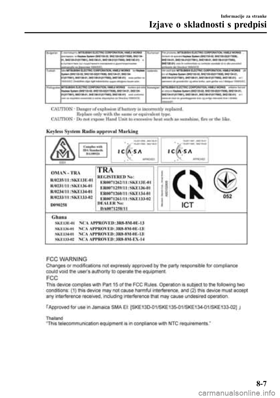 MAZDA MODEL 3 HATCHBACK 2016  Priročnik za lastnika (in Slovenian) Informacije za stranke
Izjave o skladnosti s predpisi
8-7 