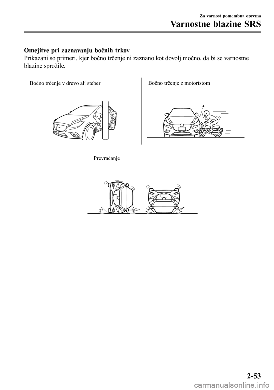 MAZDA MODEL 3 HATCHBACK 2016 Priročnik za lastnika (in Slovenian) Omejitve pri zaznavanju bočnih trkov
Prikazani so primeri, kjer bočno trčenje ni zaznano kot dovolj močno, da bi se varnostne
blazine sprožile.
Bočno trčenje v drevo ali steberBočno trčenje MAZDA MODEL 3 HATCHBACK 2016 Priročnik za lastnika (in Slovenian) Omejitve pri zaznavanju bočnih trkov
Prikazani so primeri, kjer bočno trčenje ni zaznano kot dovolj močno, da bi se varnostne
blazine sprožile.
Bočno trčenje v drevo ali steberBočno trčenje