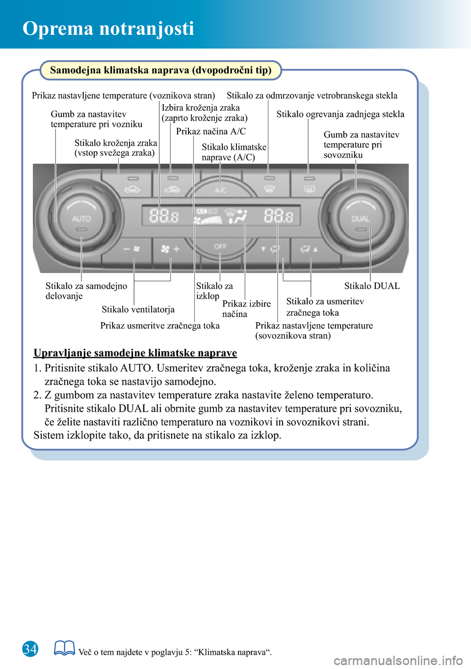 MAZDA MODEL 3 HATCHBACK 2016 Kratek pregled (in Slovenian) Oprema notranjosti
34
Samodejna klimatska naprava (dvopodročni tip)
Upravljanje samodejne klimatske naprave
1. Pritisnite stikalo AUTO. Usmeritev zračnega toka, kroženje zraka in količina
zračne MAZDA MODEL 3 HATCHBACK 2016 Kratek pregled (in Slovenian) Oprema notranjosti
34
Samodejna klimatska naprava (dvopodročni tip)
Upravljanje samodejne klimatske naprave
1. Pritisnite stikalo AUTO. Usmeritev zračnega toka, kroženje zraka in količina
zračne