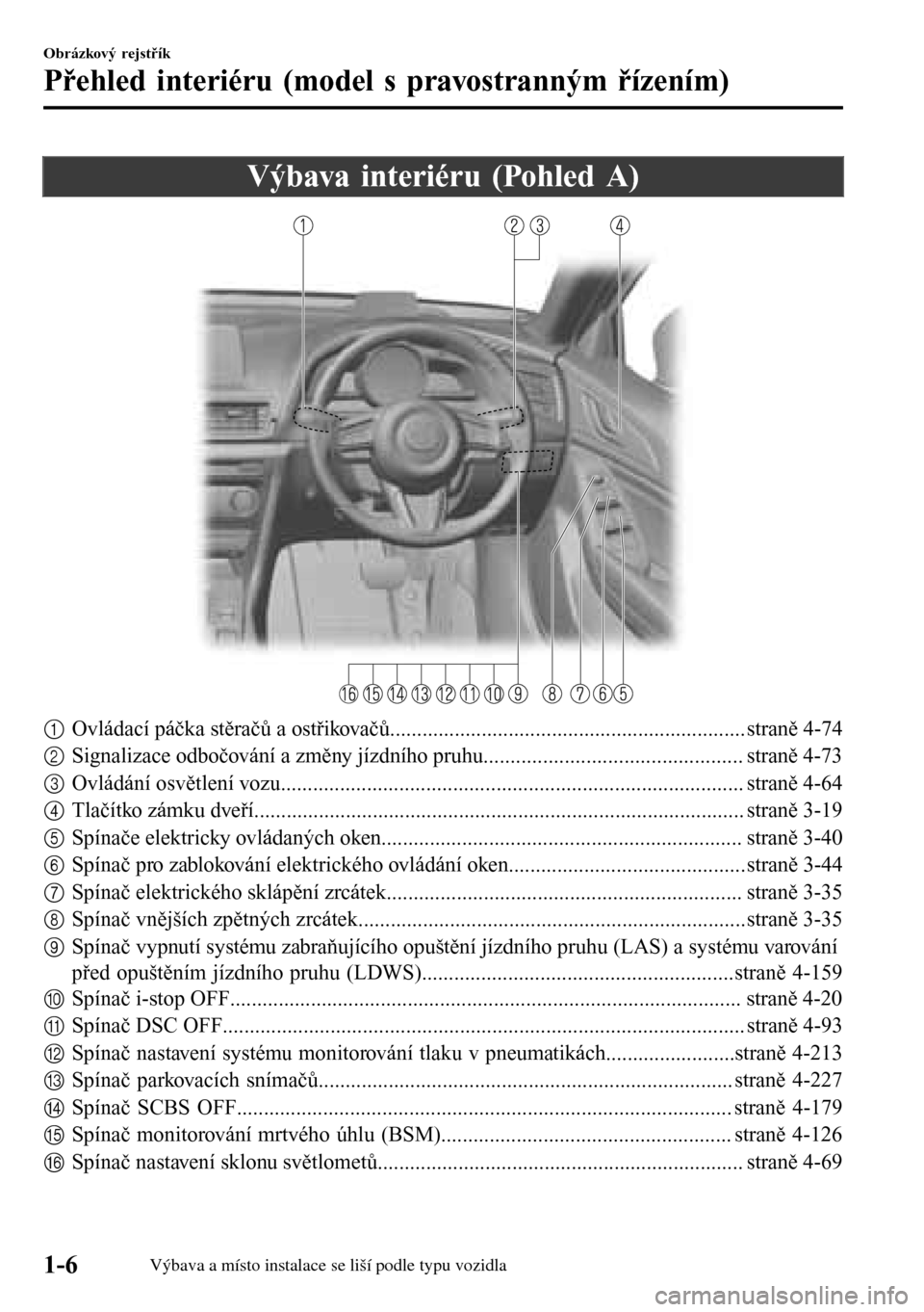 MAZDA MODEL 3 HATCHBACK 2016 Návod k obsluze (in Czech) Výbava interiéru (Pohled A)
1Ovládací páčka stěračů a ostřikovačů.................................................................. straně 4-74
2Signalizace odbočování a změny jízdn MAZDA MODEL 3 HATCHBACK 2016 Návod k obsluze (in Czech) Výbava interiéru (Pohled A)
1Ovládací páčka stěračů a ostřikovačů.................................................................. straně 4-74
2Signalizace odbočování a změny jízdn