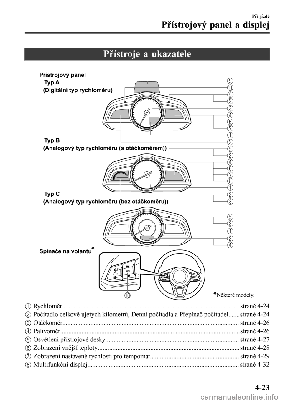 MAZDA MODEL 3 HATCHBACK 2016  Návod k obsluze (in Czech) Přístroje a ukazatele
 
Ty p  A
Ty p  B  
Ty p  C  
Spínače na volantu (Digitální typ rychloměru)
 (Analogový typ rychloměru (s otáčkoměrem))
 (Analogový typ rychloměru (bez otáčkoměr