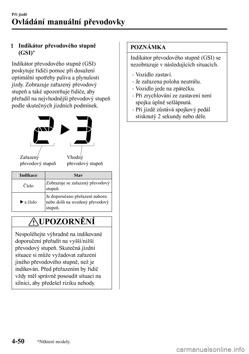 MAZDA MODEL 3 HATCHBACK 2016  Návod k obsluze (in Czech) tIndikátor převodového stupně
(GSI)
*
Indikátor převodového stupně (GSI)
poskytuje řidiči pomoc při dosažení
optimální spotřeby paliva a plynulosti
jízdy. Zobrazuje zařazený převod
