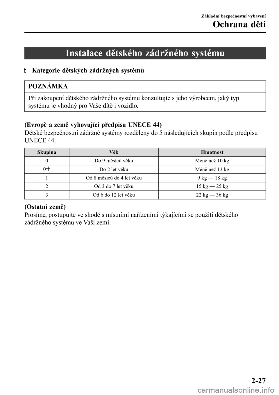 MAZDA MODEL 3 HATCHBACK 2016  Návod k obsluze (in Czech) Instalace dětského zádržného systému
tKategorie dtských zádržných systém
POZNÁMKA
Při zakoupení dětského zádržného systému konzultujte s jeho výrobcem, jaký typ
systému je vho