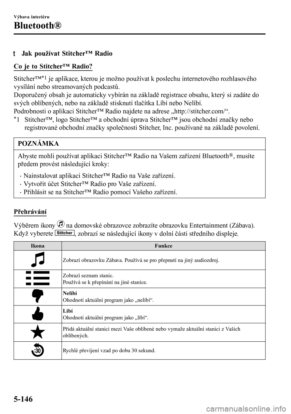 MAZDA MODEL 3 HATCHBACK 2016 Návod k obsluze (in Czech) tJak používat Stitcher™ Radio
Co je to Stitcher™ Radio?
Stitcher™*1 je aplikace, kterou je možno používat k poslechu internetového rozhlasového
vysílání nebo streamovaných podcastů.
MAZDA MODEL 3 HATCHBACK 2016 Návod k obsluze (in Czech) tJak používat Stitcher™ Radio
Co je to Stitcher™ Radio?
Stitcher™*1 je aplikace, kterou je možno používat k poslechu internetového rozhlasového
vysílání nebo streamovaných podcastů.
