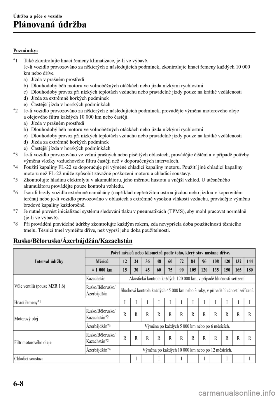 MAZDA MODEL 3 HATCHBACK 2016  Návod k obsluze (in Czech) Poznám ky:
*1 Také zkontrolujte hnací řemeny klimatizace, je-li ve výbavě.
Je-li vozidlo provozováno za některých z následujících podmínek, zkontrolujte hnací řemeny každých 10 000
km