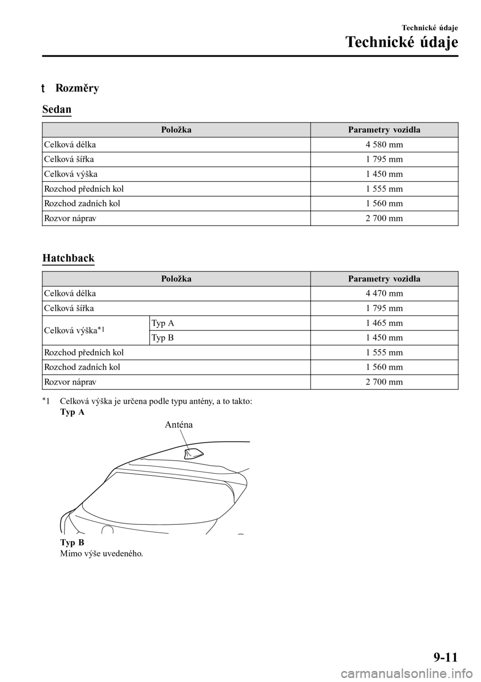 MAZDA MODEL 3 HATCHBACK 2016  Návod k obsluze (in Czech) tRozměry
Sedan
Položka Parametry vozidla
Celková délka 4 580 mm
Celková šířka 1 795 mm
Celková výška 1 450 mm
Rozchod předních kol 1 555 mm
Rozchod zadních kol 1 560 mm
Rozvor náprav 2 