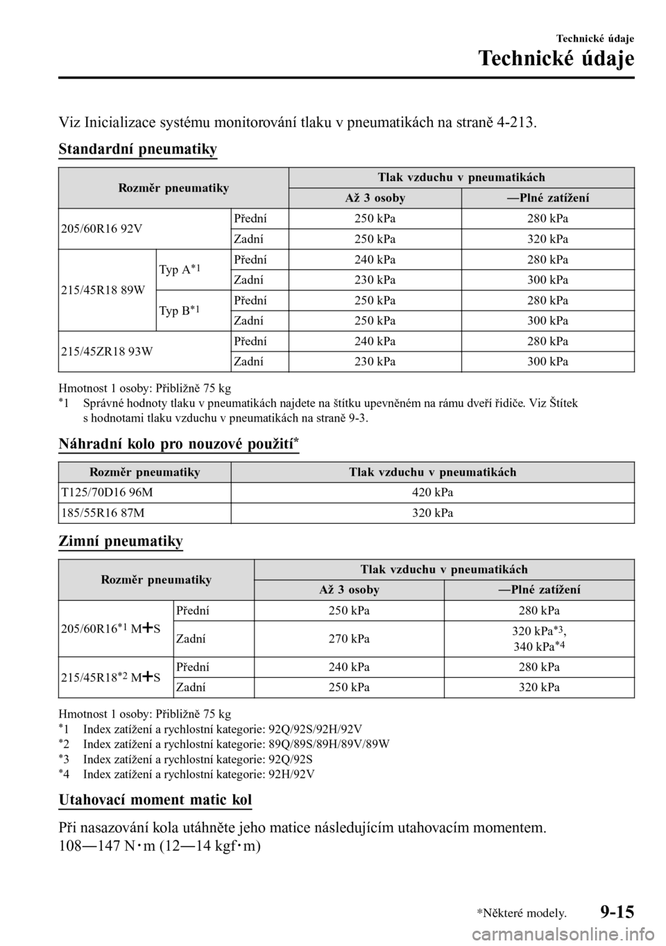 MAZDA MODEL 3 HATCHBACK 2016  Návod k obsluze (in Czech) Viz Inicializace systému monitorování tlaku v pneumatikách na straně 4-213.
Standardní pneumatiky
Rozměr pneumatikyTlak vzduchu v pneumatikách
Až 3 osobyŠPlné zatížení
205/60R16 92VPře
