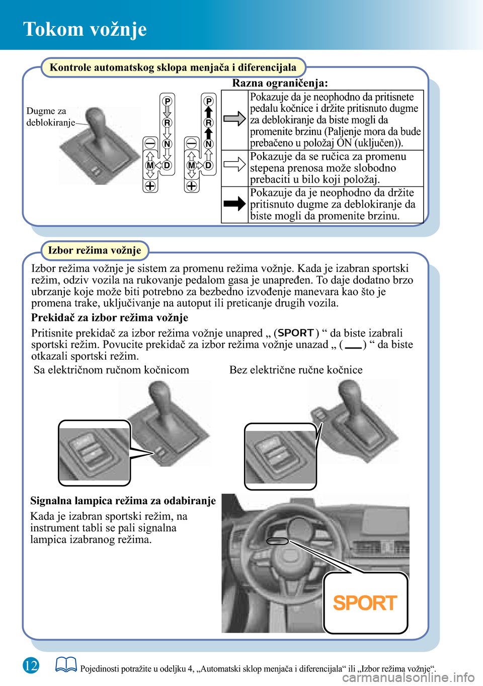 MAZDA MODEL 3 HATCHBACK 2016 Kratki vodič (in Serbian) 12
Tokom vožnje
Dugme za
deblokiranje
Pojedinosti potražite u odeljku 4, „Automatski sklop menjača i diferencijala“ ili „Izbor režima vožnje“.
Izbor režima vožnje
Prekidač za izbor re MAZDA MODEL 3 HATCHBACK 2016 Kratki vodič (in Serbian) 12
Tokom vožnje
Dugme za
deblokiranje
Pojedinosti potražite u odeljku 4, „Automatski sklop menjača i diferencijala“ ili „Izbor režima vožnje“.
Izbor režima vožnje
Prekidač za izbor re