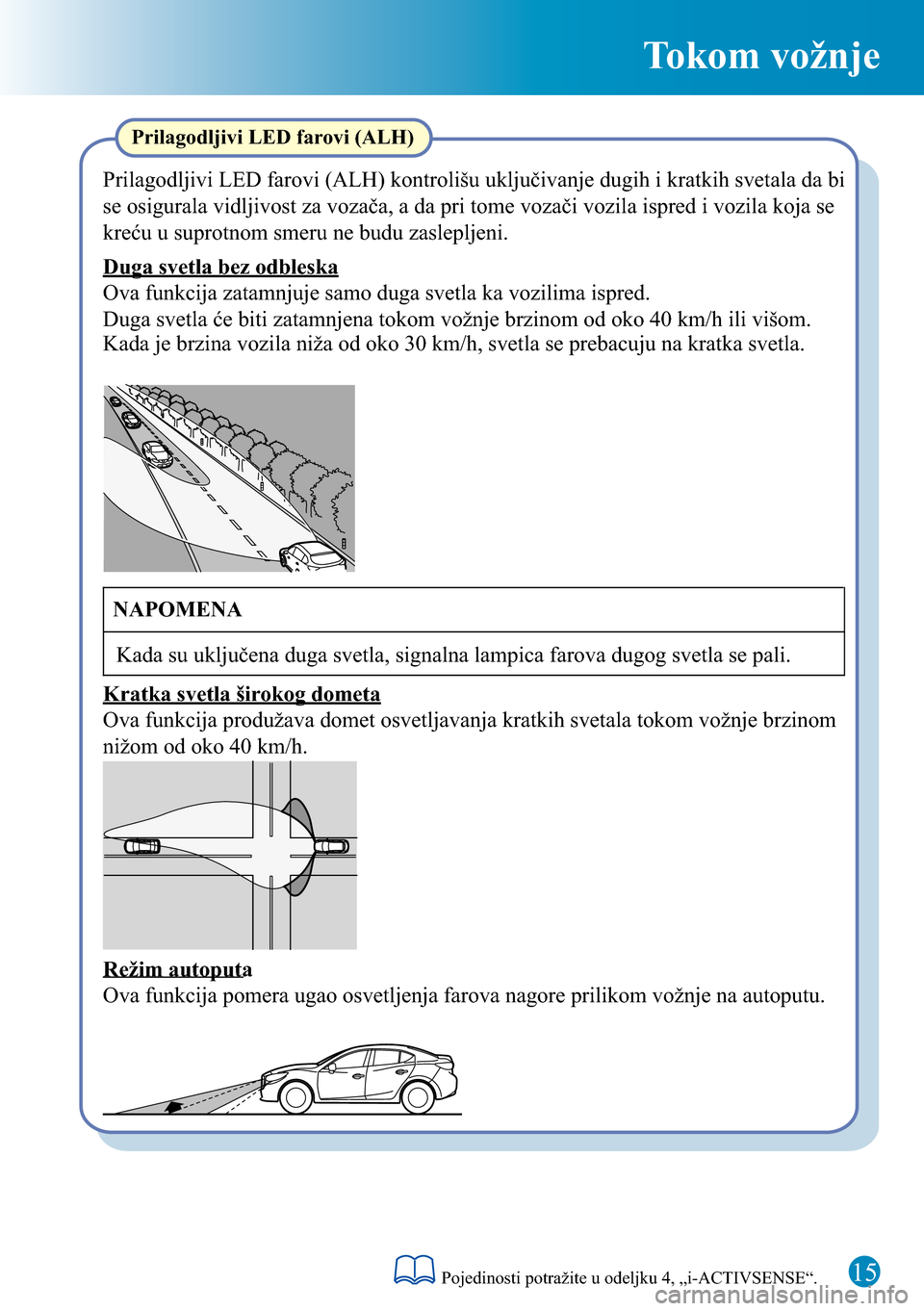 MAZDA MODEL 3 HATCHBACK 2016  Kratki vodič (in Serbian) Tokom vožnje
Prilagodljivi LED farovi (ALH)
Prilagodljivi LED farovi (ALH) kontrolišu uključivanje dugih i kratkih svetala da bi 
se osigurala vidljivost za vozača, a da pri tome vozači vozila is