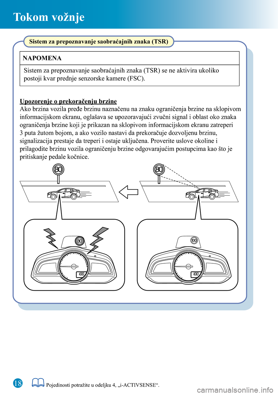 MAZDA MODEL 3 HATCHBACK 2016  Kratki vodič (in Serbian) 18
Tokom vožnje
Sistem za prepoznavanje saobraćajnih znaka (TSR)
Ako brzina vozila pređe brzinu naznačenu na znaku ograničenja brzine na sklopivom 
informacijskom ekranu, oglašava se upozoravaju