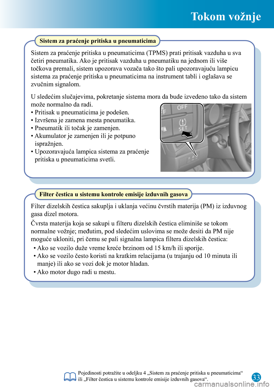 MAZDA MODEL 3 HATCHBACK 2016 Kratki vodič (in Serbian) 33
Tokom vožnje
Filter čestica u sistemu kontrole emisije izduvnih gasova
Filter dizelskih čestica sakuplja i uklanja većinu čvrstih materija (PM) iz izduvnog
gasa dizel motora.
• Ako se vozil MAZDA MODEL 3 HATCHBACK 2016 Kratki vodič (in Serbian) 33
Tokom vožnje
Filter čestica u sistemu kontrole emisije izduvnih gasova
Filter dizelskih čestica sakuplja i uklanja većinu čvrstih materija (PM) iz izduvnog
gasa dizel motora.
• Ako se vozil