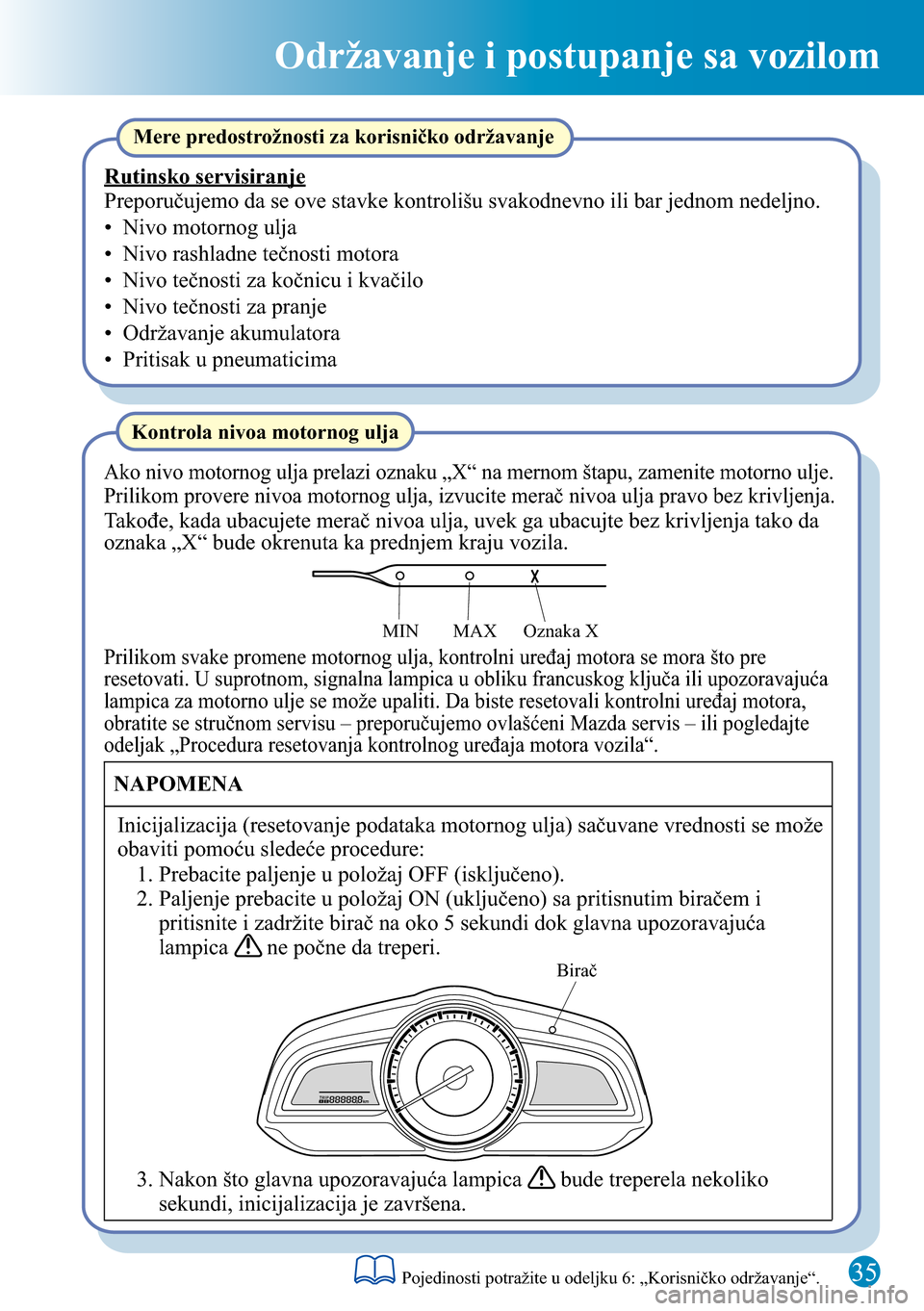 MAZDA MODEL 3 HATCHBACK 2016  Kratki vodič (in Serbian) 35
Održavanje i postupanje sa vozilom
Birač
Oznaka X MAX MIN
Mere predostrožnosti za korisničko održavanje
Rutinsko servisiranje
Preporučujemo da se ove stavke kontrolišu svakodnevno ili bar je