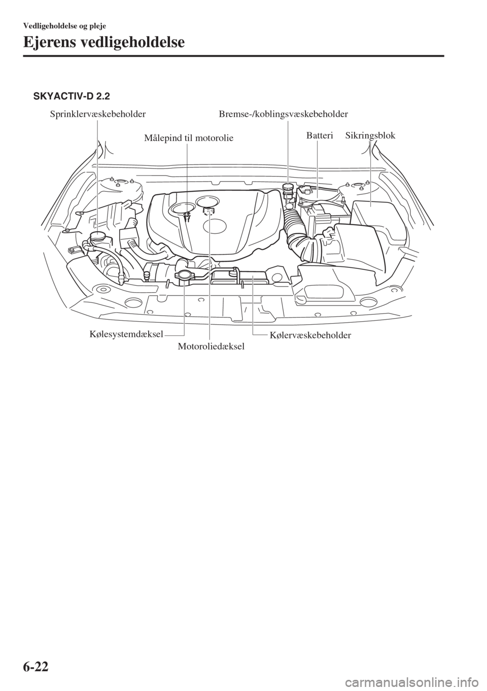 MAZDA MODEL 3 HATCHBACK 2015 Instruktionsbog (in Danish) 6-22
Vedligeholdelse og pleje
Ejerens vedligeholdelse
Sprinklervæskebeholder Bremse-/koblingsvæskebeholder
Målepind til motorolieBatteri
Sikringsblok
Kølesystemdæksel
Kølervæskebeholder
Motorol MAZDA MODEL 3 HATCHBACK 2015 Instruktionsbog (in Danish) 6-22
Vedligeholdelse og pleje
Ejerens vedligeholdelse
Sprinklervæskebeholder Bremse-/koblingsvæskebeholder
Målepind til motorolieBatteri
Sikringsblok
Kølesystemdæksel
Kølervæskebeholder
Motorol