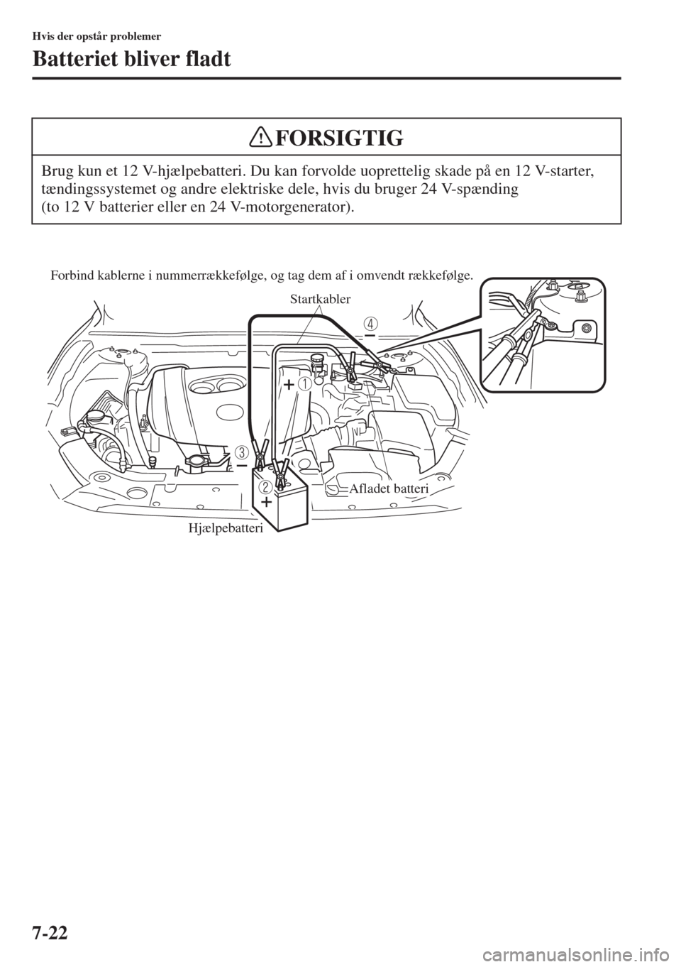 MAZDA MODEL 3 HATCHBACK 2015  Instruktionsbog (in Danish) 7-22
Hvis der opstår problemer
Batteriet bliver fladt
Brug kun et 12 V-hjælpebatteri. Du kan forvolde uoprettelig skade på en 12 V-starter, 
tændingssystemet og andre elektriske dele, hvis du brug