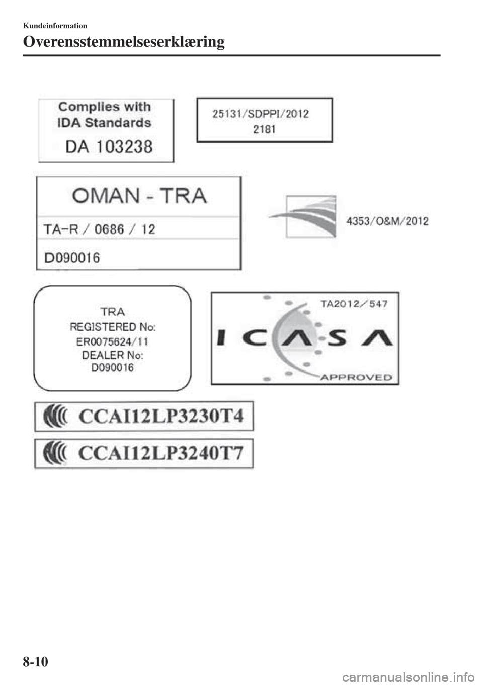 MAZDA MODEL 3 HATCHBACK 2015 Instruktionsbog (in Danish) 8-10
Kundeinformation
Overensstemmelseserklæring MAZDA MODEL 3 HATCHBACK 2015 Instruktionsbog (in Danish) 8-10
Kundeinformation
Overensstemmelseserklæring