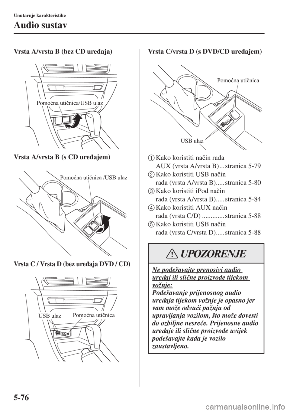 MAZDA MODEL 3 HATCHBACK 2015  Upute za uporabu (in Crotian) 5-76
Unutarnje karakteristike
Audio sustav
Vrsta A/vrsta B (bez CD ure�ÿaja)
Vrsta A/vrsta B (s CD ure�ÿajem)
Vr s t a  C  /  Vr s t a  D  ( b e z u r e�ÿaja DVD / CD)
Vrsta C/vrsta D (s DVD/CD ure