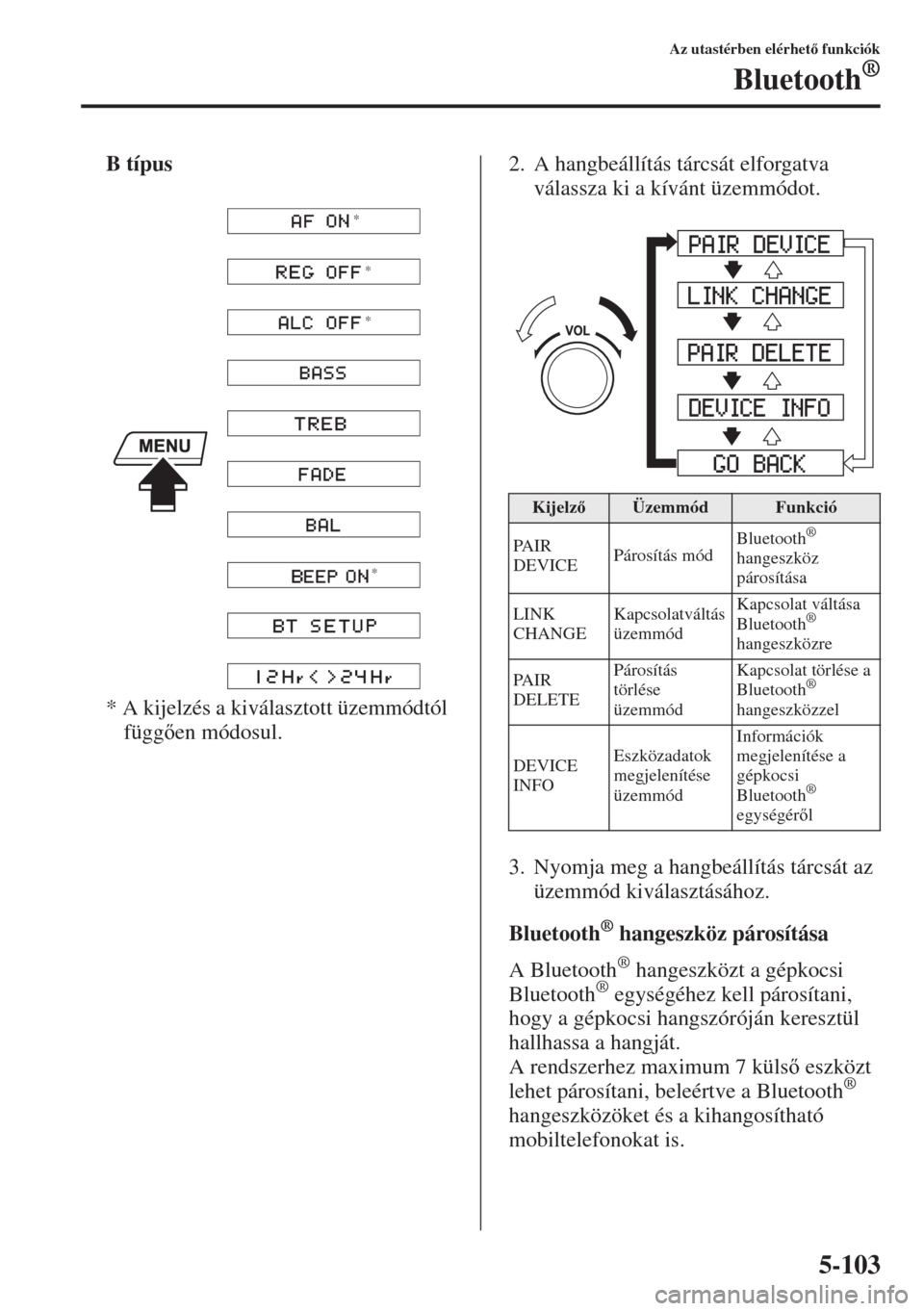 MAZDA MODEL 3 HATCHBACK 2015  Kezelési útmutató (in Hungarian) 5-103
Az utastérben elérhet funkciók
Bluetooth®
B típus
* A kijelzés a kiválasztott üzemmódtól 
függen módosul.2. A hangbeállítás tárcsát elforgatva 
válassza ki a kívánt üzem