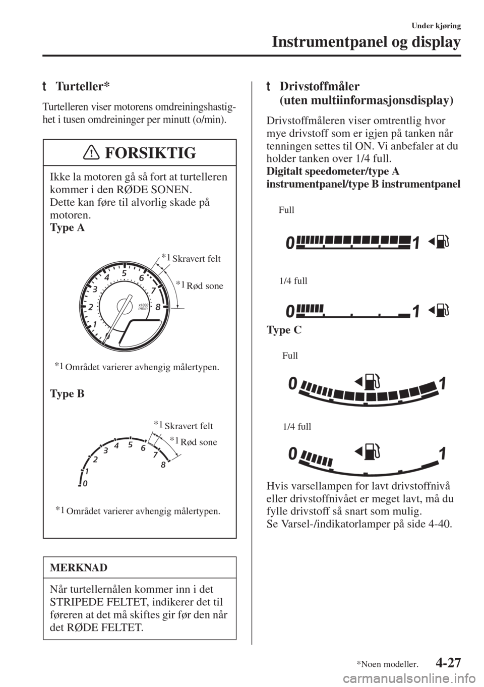 MAZDA MODEL 3 HATCHBACK 2015 Brukerhåndbok (in Norwegian) 4-27
Under kjøring
Instrumentpanel og display
tTurteller*
Turtelleren viser motorens omdreiningshastig-
het i tusen omdreininger per minutt (o/min).
tDrivstoffmåler
(uten multiinformasjonsdisplay)
MAZDA MODEL 3 HATCHBACK 2015 Brukerhåndbok (in Norwegian) 4-27
Under kjøring
Instrumentpanel og display
tTurteller*
Turtelleren viser motorens omdreiningshastig-
het i tusen omdreininger per minutt (o/min).
tDrivstoffmåler
(uten multiinformasjonsdisplay)