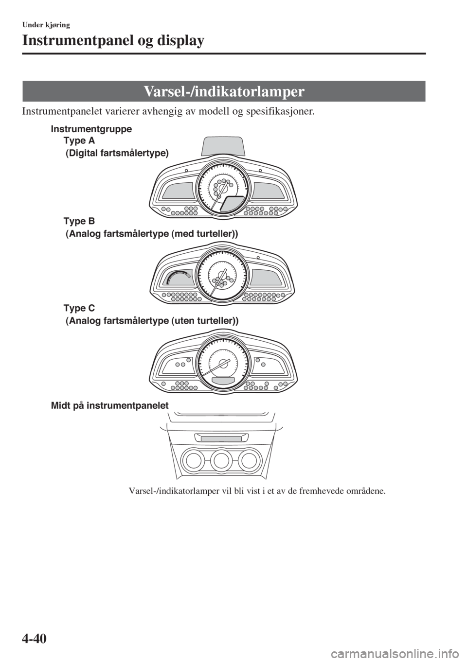 MAZDA MODEL 3 HATCHBACK 2015 Brukerhåndbok (in Norwegian) 4-40
Under kjøring
Instrumentpanel og display
Instrumentpanelet varierer avhengig av modell og spesifikasjoner.
Varsel-/indikatorlamper
Varsel-/indikatorlamper vil bli vist i et av de fremhevede omr MAZDA MODEL 3 HATCHBACK 2015 Brukerhåndbok (in Norwegian) 4-40
Under kjøring
Instrumentpanel og display
Instrumentpanelet varierer avhengig av modell og spesifikasjoner.
Varsel-/indikatorlamper
Varsel-/indikatorlamper vil bli vist i et av de fremhevede omr