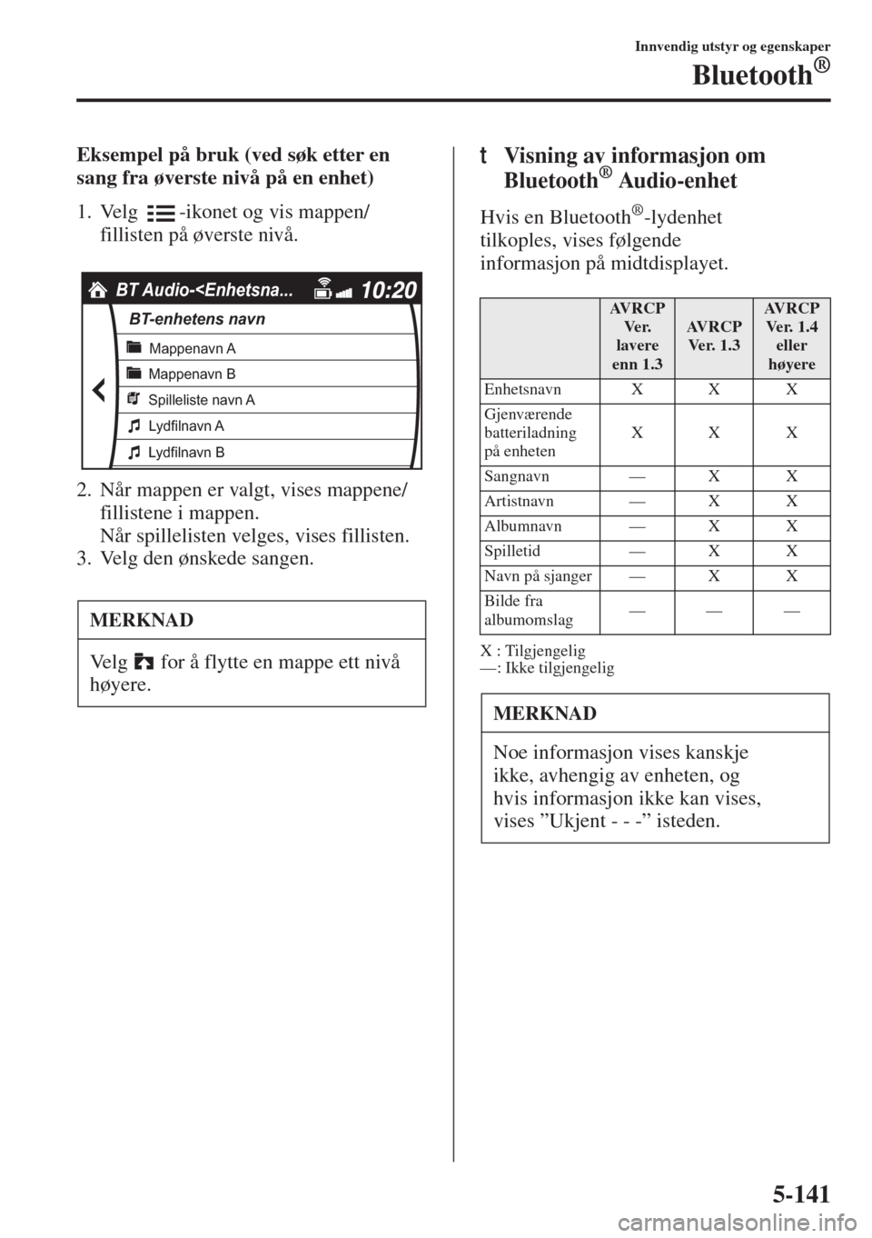 MAZDA MODEL 3 HATCHBACK 2015 Brukerhåndbok (in Norwegian) 5-141
Innvendig utstyr og egenskaper
Bluetooth®
Eksempel på bruk (ved søk etter en
sang fra øverste nivå på en enhet)
1. Velg -ikonet og vis mappen/
fillisten på øverste nivå.
2. Når mappe MAZDA MODEL 3 HATCHBACK 2015 Brukerhåndbok (in Norwegian) 5-141
Innvendig utstyr og egenskaper
Bluetooth®
Eksempel på bruk (ved søk etter en
sang fra øverste nivå på en enhet)
1. Velg -ikonet og vis mappen/
fillisten på øverste nivå.
2. Når mappe