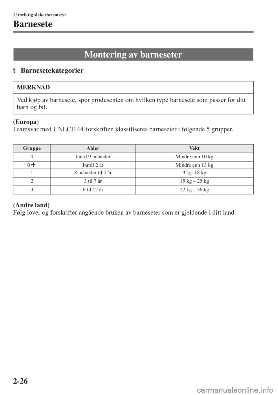 MAZDA MODEL 3 HATCHBACK 2015  Brukerhåndbok (in Norwegian) 2-26
Livsviktig sikkerhetsutstyr
Barnesete
tBarnesetekategorier
(Europa)
I samsvar med UNECE 44-forskriften klassifiseres barneseter i følgende 5 grupper.
(Andre land)
Følg lover og forskrifter ang�