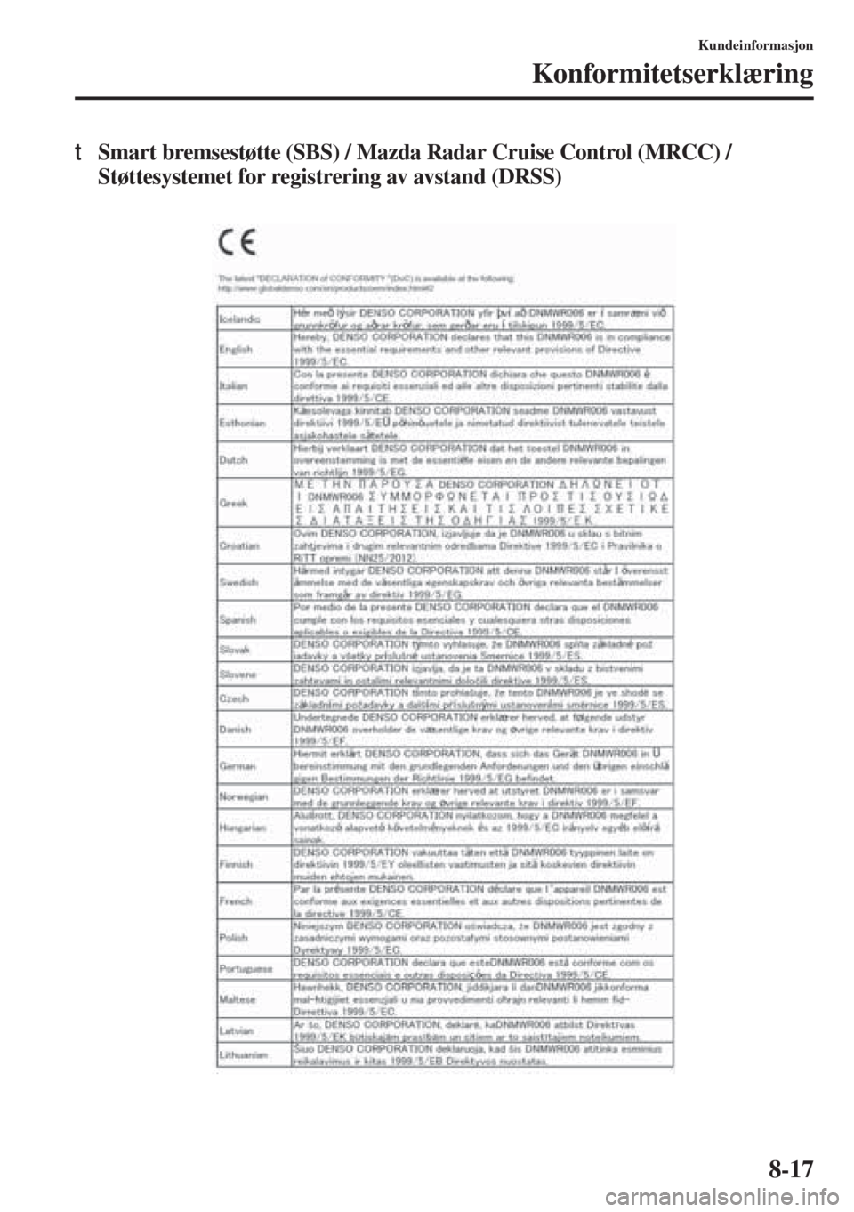 MAZDA MODEL 3 HATCHBACK 2015  Brukerhåndbok (in Norwegian) 8-17
Kundeinformasjon
Konformitetserklæring
tSmart bremsestøtte (SBS) / Mazda Radar Cruise Control (MRCC) / 
Støttesystemet for registrering av avstand (DRSS) 