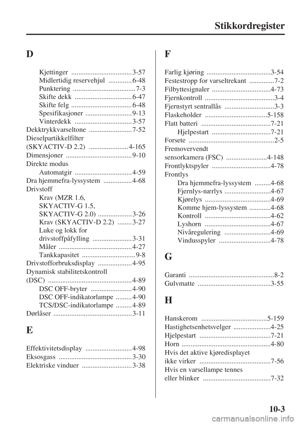 MAZDA MODEL 3 HATCHBACK 2015  Brukerhåndbok (in Norwegian) 10-3
Stikkordregister
D
Kjettinger .................................. 3-57
Midlertidig reservehjul
 ............. 6-48
Punktering
 ...................................7-3
Skifte dekk
 .................