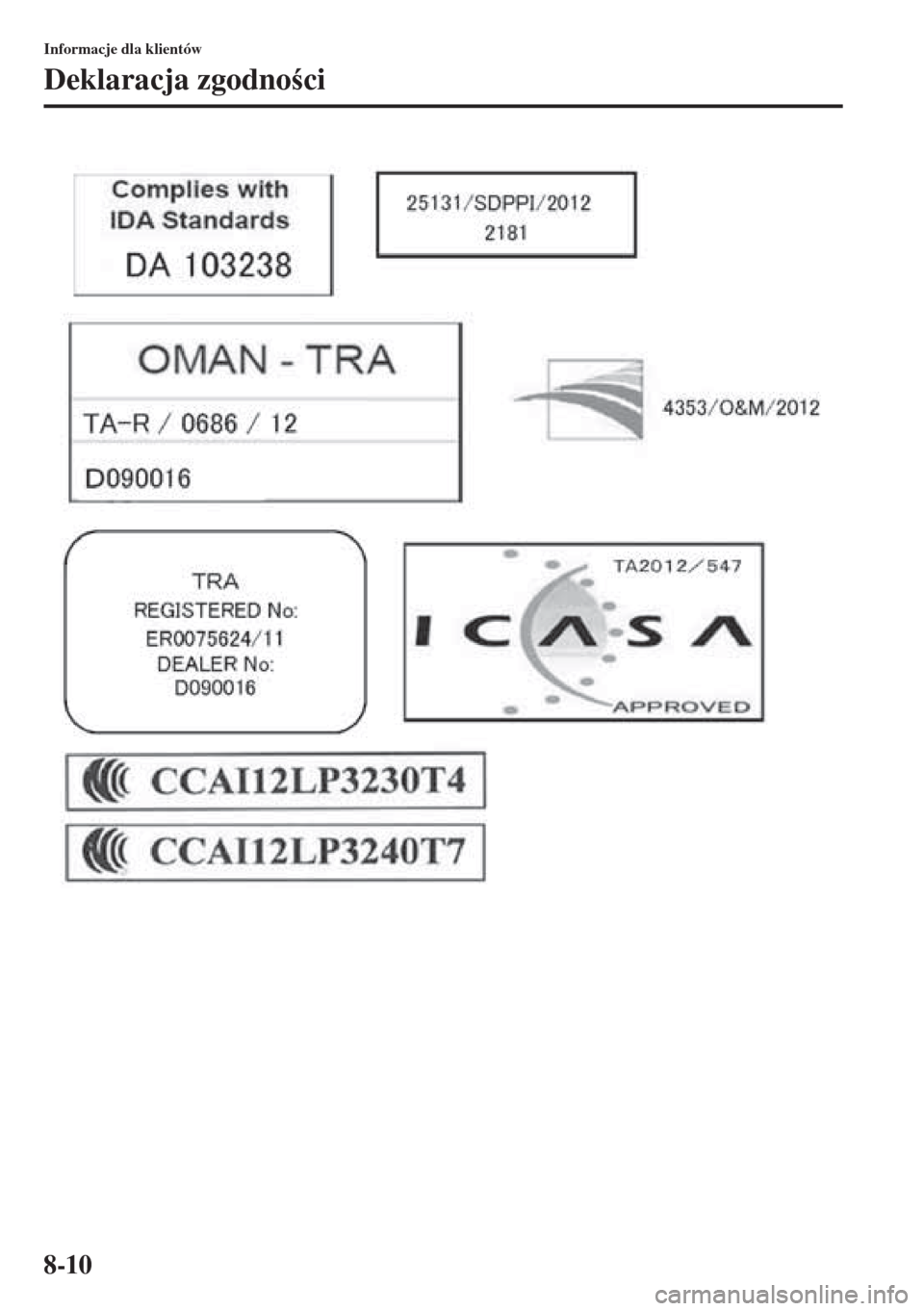 MAZDA MODEL 3 HATCHBACK 2015  Instrukcja Obsługi (in Polish) 8-10
Informacje dla klientów
Deklaracja zgodnoci 