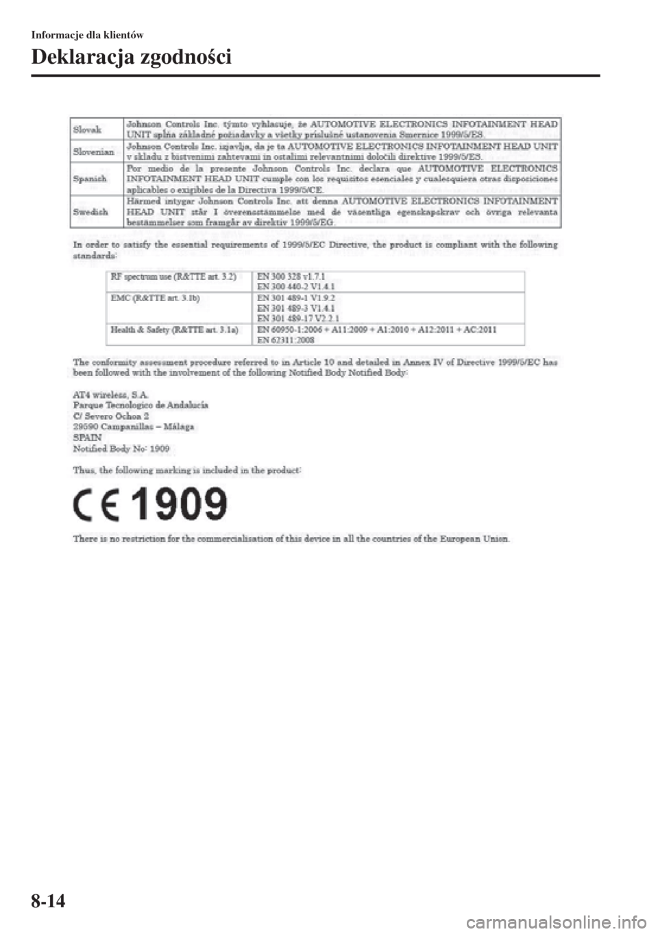 MAZDA MODEL 3 HATCHBACK 2015  Instrukcja Obsługi (in Polish) 8-14
Informacje dla klientów
Deklaracja zgodnoci 