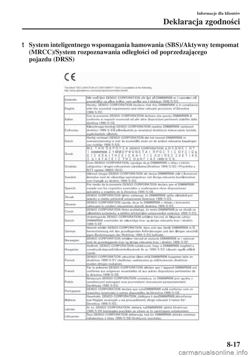 MAZDA MODEL 3 HATCHBACK 2015  Instrukcja Obsługi (in Polish) 8-17
Informacje dla klientów
Deklaracja zgodnoci
tSystem inteligentnego wspomagania hamowania (SBS)/Aktywny tempomat 
(MRCC)/System rozpoznawania odleg�áoci od poprzedzajcego 
pojazdu (DRSS) 