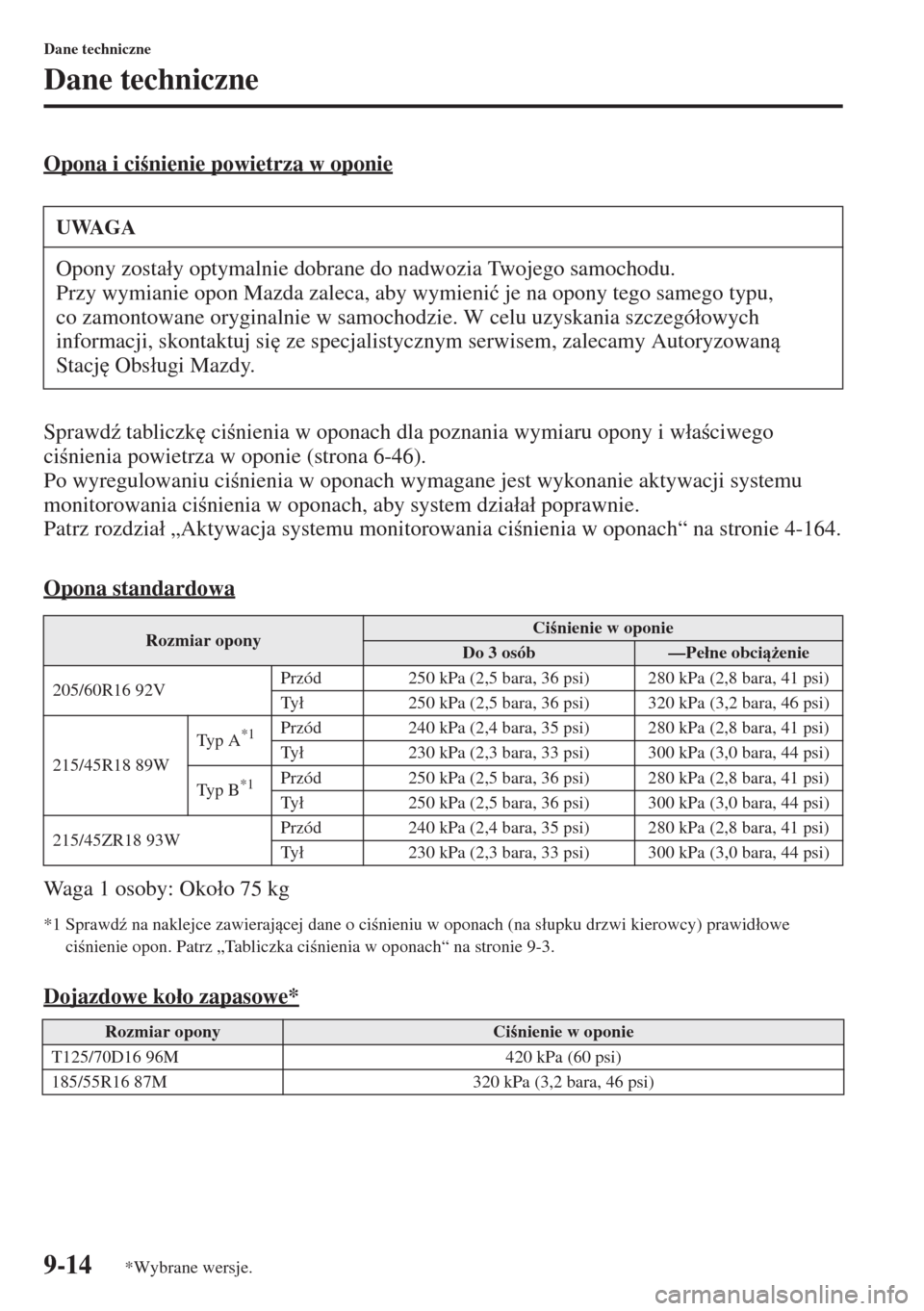 MAZDA MODEL 3 HATCHBACK 2015  Instrukcja Obsługi (in Polish) 9-14
Dane techniczne
Dane techniczne
Opona i cinienie powietrza w oponie
Sprawd( tabliczk
 cinienia w oponach dla poznania wymiaru opony i w�áaciwego 
cinienia powietrza w oponie (strona 6-