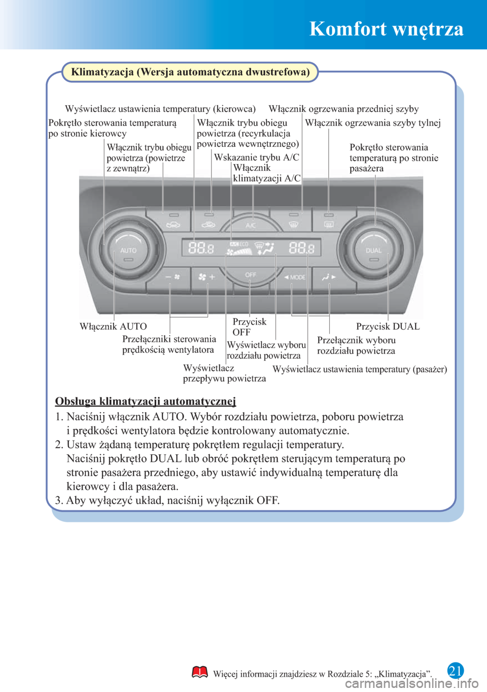 MAZDA MODEL 3 HATCHBACK 2015 Krótki Przewodnik (in polish) Komfort wnętrza
21
Wyświetlacz
przepływu powietrza Wyświetlacz ustawienia temperatury (kierowca)
Wyświetlacz wyboru
rozdziału powietrza
Wskazanie trybu A/C
Wyświetlacz ustawienia temperatury MAZDA MODEL 3 HATCHBACK 2015 Krótki Przewodnik (in polish) Komfort wnętrza
21
Wyświetlacz
przepływu powietrza Wyświetlacz ustawienia temperatury (kierowca)
Wyświetlacz wyboru
rozdziału powietrza
Wskazanie trybu A/C
Wyświetlacz ustawienia temperatury