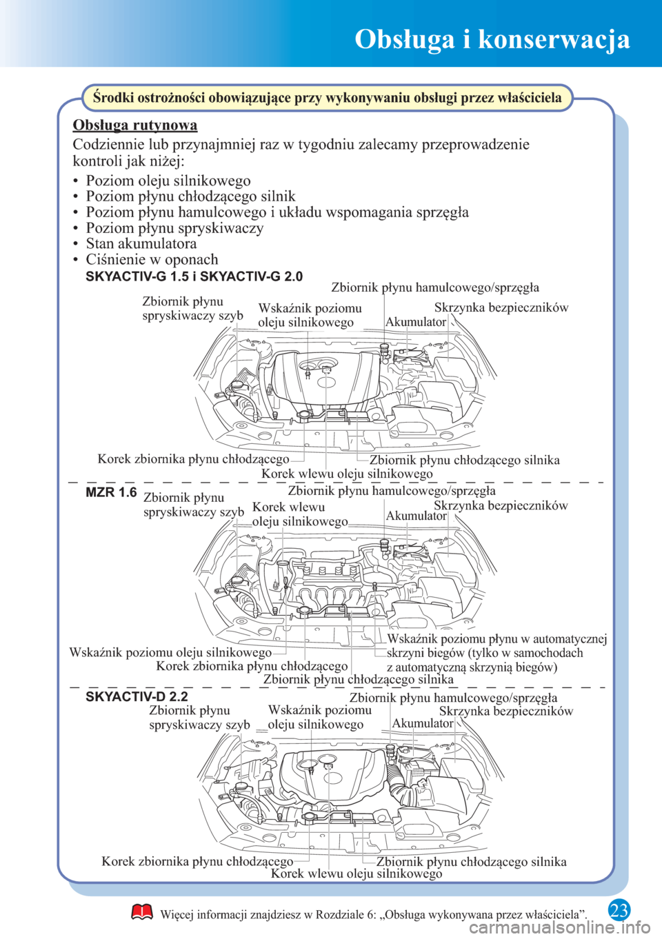 MAZDA MODEL 3 HATCHBACK 2015 Krótki Przewodnik (in polish) 23
Obsługa i konserwacja
Zbiornik płynu
spryskiwaczy szybZbiornik płynu hamulcowego/sprzęgłaWskaźnik poziomu
oleju silnikowegoAkumulatorSkrzynka bezpieczników
Korek zbiornika płynu chłodzą MAZDA MODEL 3 HATCHBACK 2015 Krótki Przewodnik (in polish) 23
Obsługa i konserwacja
Zbiornik płynu
spryskiwaczy szybZbiornik płynu hamulcowego/sprzęgłaWskaźnik poziomu
oleju silnikowegoAkumulatorSkrzynka bezpieczników
Korek zbiornika płynu chłodzą