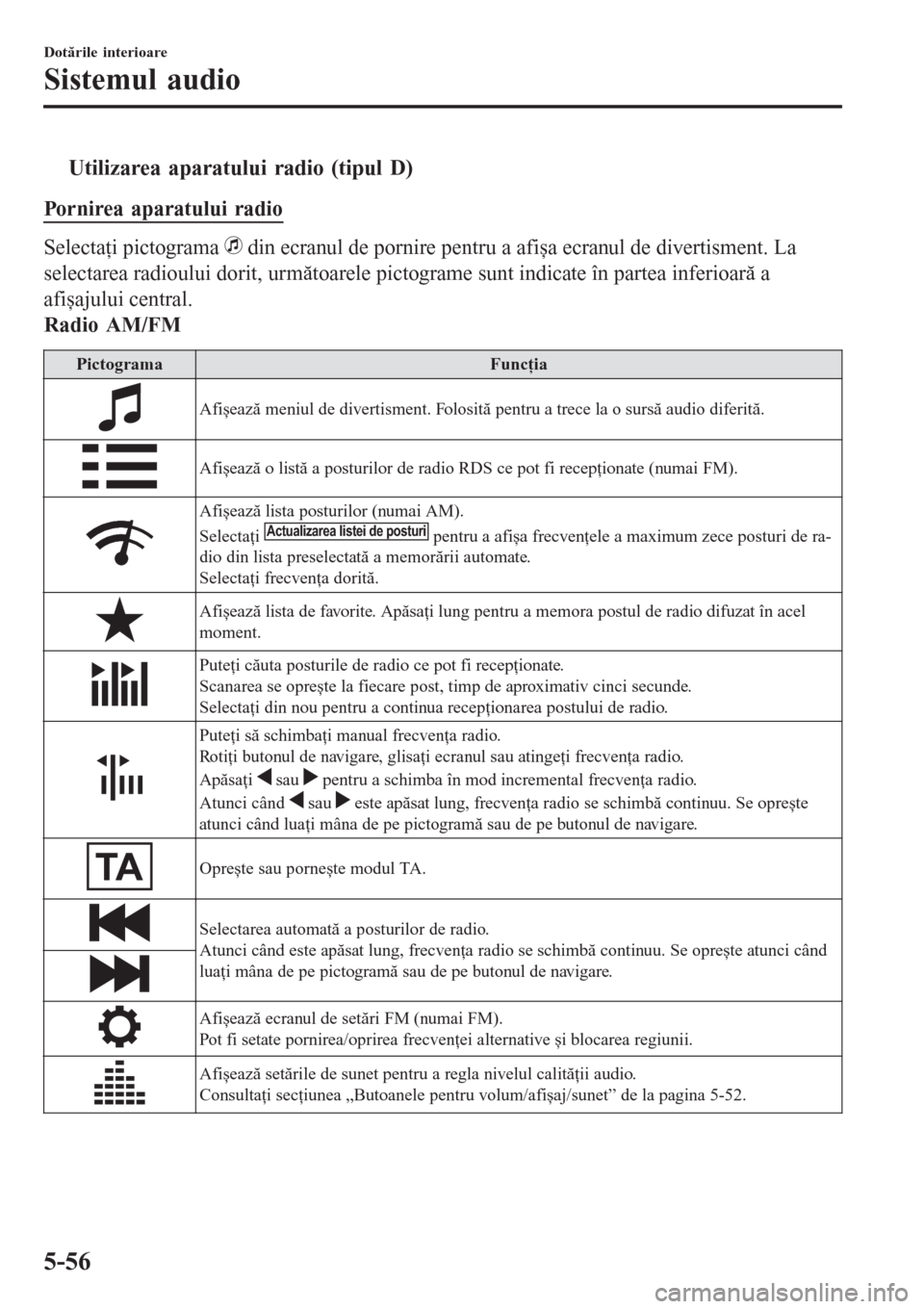 MAZDA MODEL 3 HATCHBACK 2015  Manualul de utilizare (in Romanian) tUtilizarea aparatului radio (tipul D)
Pornirea aparatului radio
Selectaţi pictograma  din ecranul de pornire pentru a afișa ecranul de divertisment. La
selectarea radioului dorit, următoarele pict