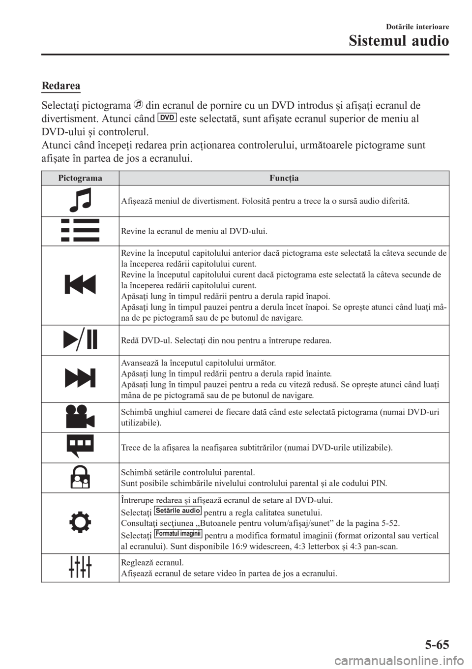 MAZDA MODEL 3 HATCHBACK 2015  Manualul de utilizare (in Romanian) Redarea
Selectaţi pictograma  din ecranul de pornire cu un DVD introdus și afișaţi ecranul de
divertisment. Atunci când 
 este selectată, sunt afișate ecranul superior de meniu al
DVD-ului și 