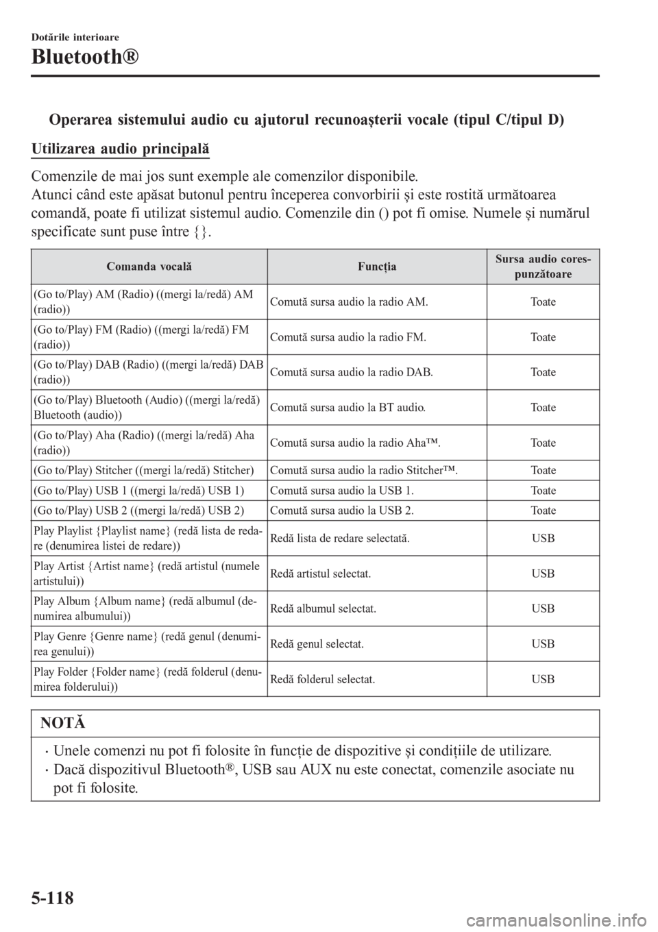 MAZDA MODEL 3 HATCHBACK 2015  Manualul de utilizare (in Romanian) tOperarea sistemului audio cu ajutorul recunoașterii vocale (tipul C/tipul D)
Utilizarea audio principală
Comenzile de mai jos sunt exemple ale comenzilor disponibile.
Atunci când este apăsat buto