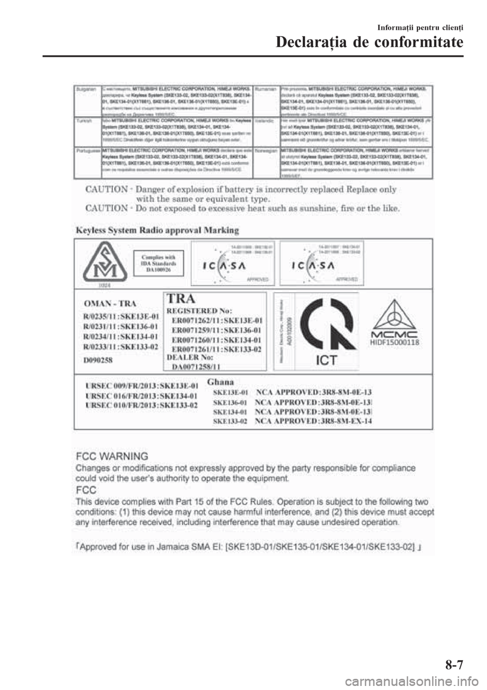 MAZDA MODEL 3 HATCHBACK 2015  Manualul de utilizare (in Romanian) Informaţii pentru clienţi
Declaraţia de conformitate
8-7 
