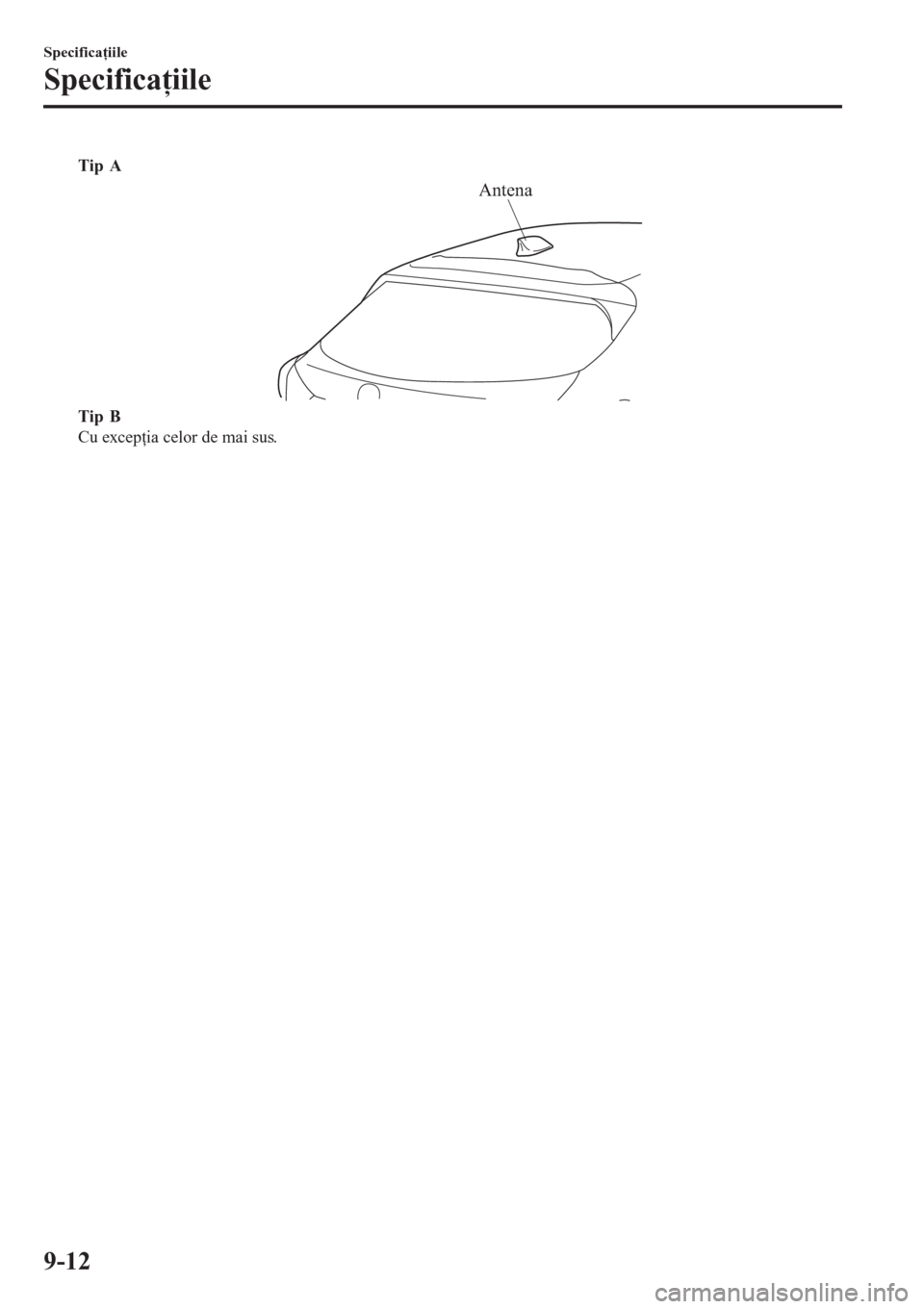MAZDA MODEL 3 HATCHBACK 2015  Manualul de utilizare (in Romanian) Tip A
Antena
Tip B
Cu excepţia celor de mai sus.
Specificaţiile
Specificaţiile
9-12 