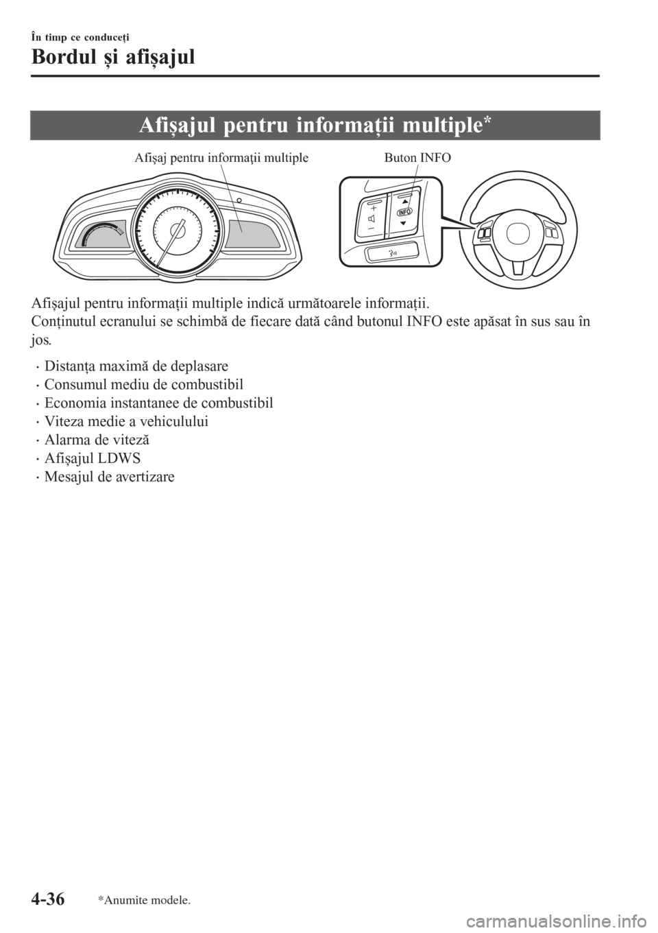 MAZDA MODEL 3 HATCHBACK 2015 Ghid introductiv (in romanian) Afișajul pentru informaţii multiple*
Buton INFO Afişaj pentru informaţii multiple
Afișajul pentru informaţii multiple indică următoarele informaţii.
Conţinutul ecranului se schimbă de fieca MAZDA MODEL 3 HATCHBACK 2015 Ghid introductiv (in romanian) Afișajul pentru informaţii multiple*
Buton INFO Afişaj pentru informaţii multiple
Afișajul pentru informaţii multiple indică următoarele informaţii.
Conţinutul ecranului se schimbă de fieca
