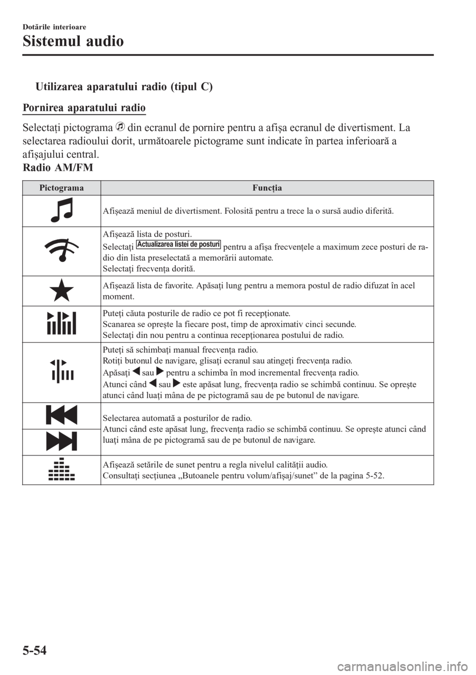 MAZDA MODEL 3 HATCHBACK 2015  Ghid introductiv (in romanian) tUtilizarea aparatului radio (tipul C)
Pornirea aparatului radio
Selectaţi pictograma  din ecranul de pornire pentru a afișa ecranul de divertisment. La
selectarea radioului dorit, următoarele pict