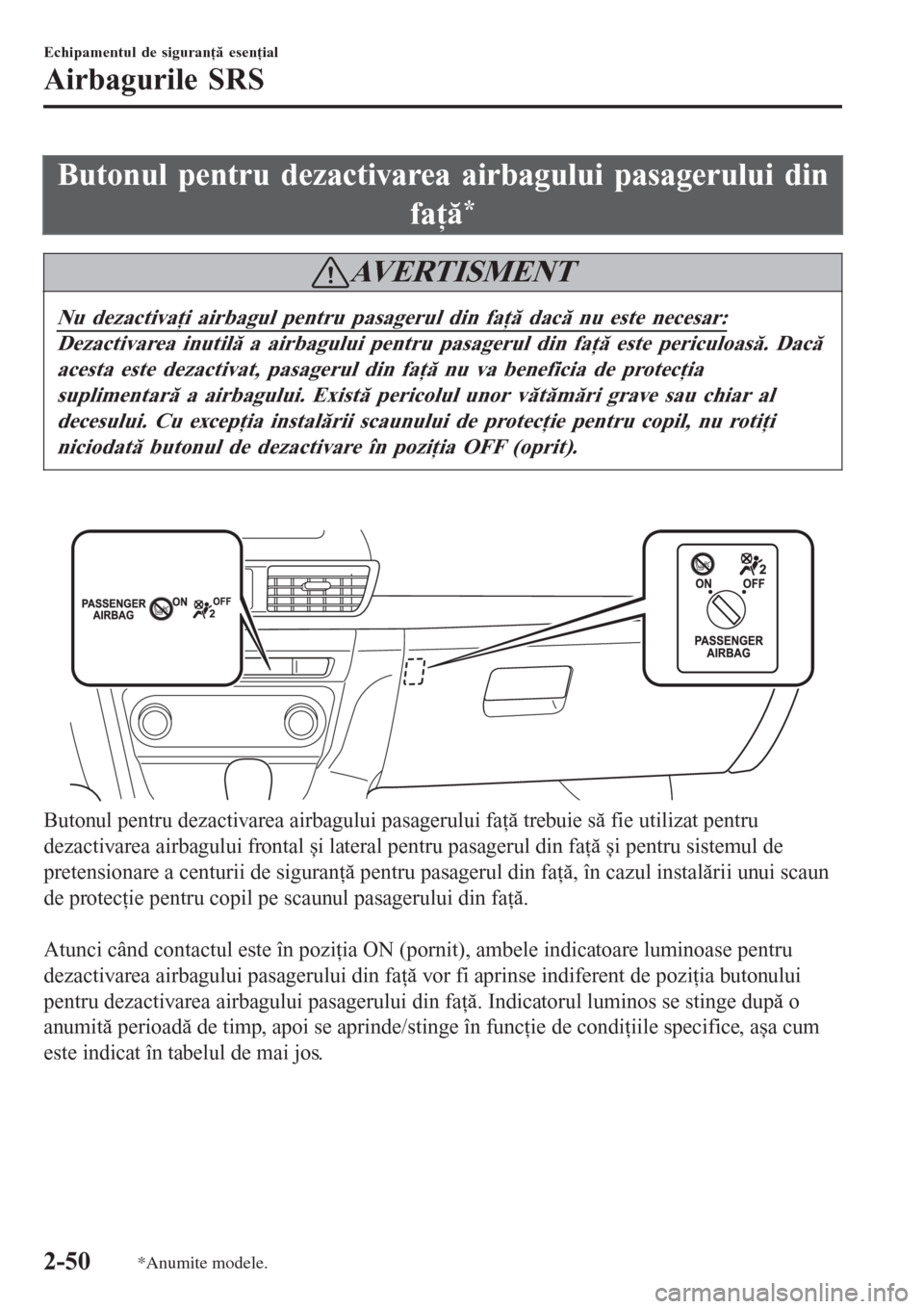 MAZDA MODEL 3 HATCHBACK 2015  Ghid introductiv (in romanian) Butonul pentru dezactivarea airbagului pasagerului din
faţă
*
AVERTISMENT
Nu dezactivaţi airbagul pentru pasagerul din faţă dacă nu este necesar:
Dezactivarea inutilă a airbagului pentru pasage
