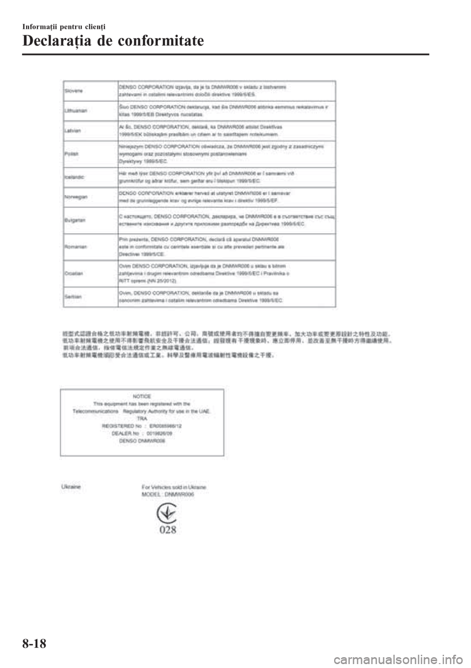 MAZDA MODEL 3 HATCHBACK 2015  Ghid introductiv (in romanian) Informaţii pentru clienţi
Declaraţia de conformitate
8-18 