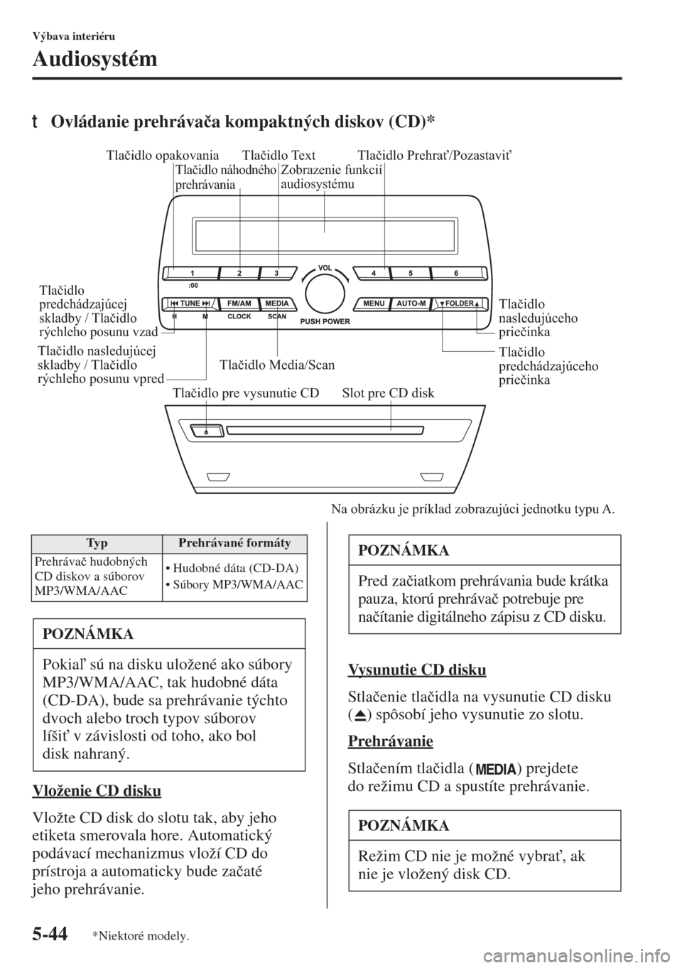 MAZDA MODEL 3 HATCHBACK 2015  Užívateľská príručka (in Slovak) 5-44
Výbava interiéru
Audiosystém
tOvládanie prehráva�þa kompaktných diskov (CD)*
Vloženie CD disku
Vložte CD disk do slotu tak, aby jeho 
etiketa smerovala hore. Automatický 
podávací mec