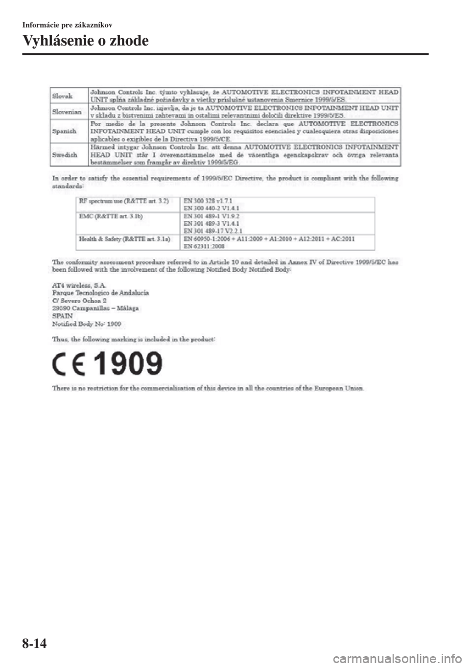 MAZDA MODEL 3 HATCHBACK 2015 Užívateľská príručka (in Slovak) 8-14
Informácie pre zákazníkov
Vyhlásenie o zhode MAZDA MODEL 3 HATCHBACK 2015 Užívateľská príručka (in Slovak) 8-14
Informácie pre zákazníkov
Vyhlásenie o zhode