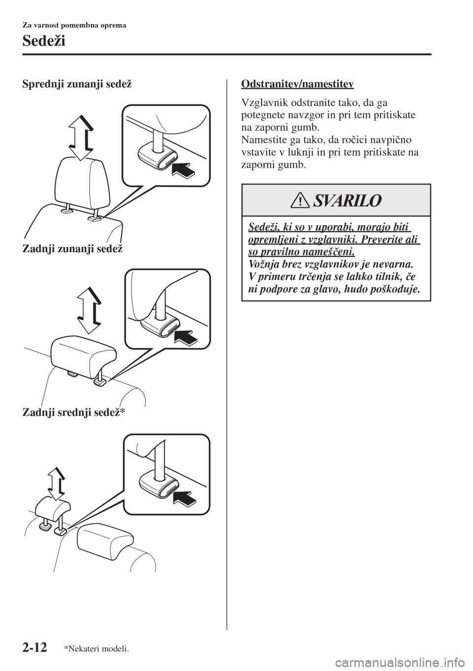 MAZDA MODEL 3 HATCHBACK 2015  Priročnik za lastnika (in Slovenian) 2-12
Za varnost pomembna oprema
Sedeži
Sprednji zunanji sedež
Zadnji zunanji sedež
Zadnji srednji sedež*Odstranitev/namestitev
Vzglavnik odstranite tako, da ga 
potegnete navzgor in pri tem pritis