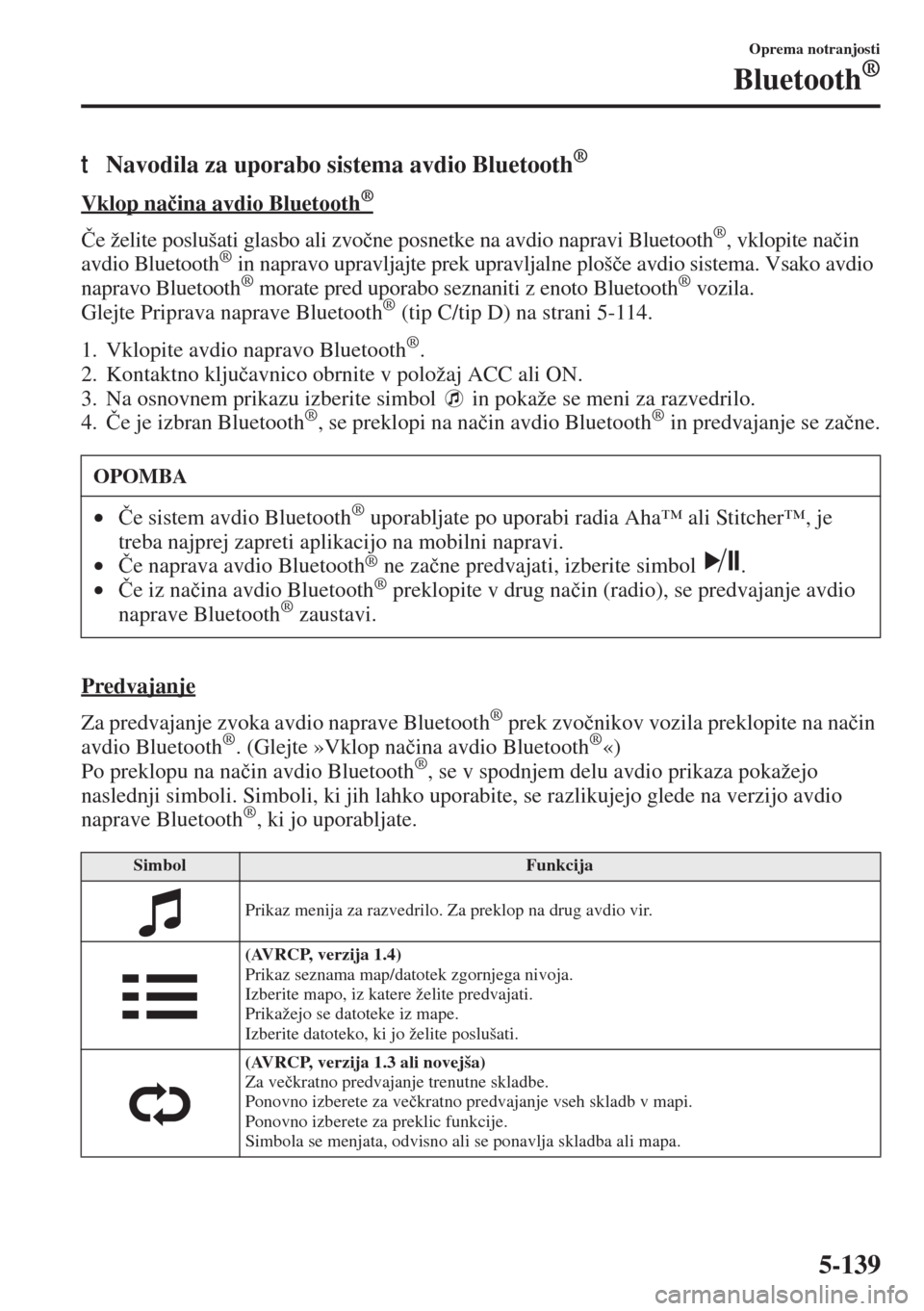 MAZDA MODEL 3 HATCHBACK 2015  Priročnik za lastnika (in Slovenian) 5-139
Oprema notranjosti
Bluetooth®
tNavodila za uporabo sistema avdio Bluetooth®
Vklop na�þina avdio Bluetooth ®
�ýe želite poslušati glasbo ali zvo�þne posnetke na avdio napravi Bluetooth®,
